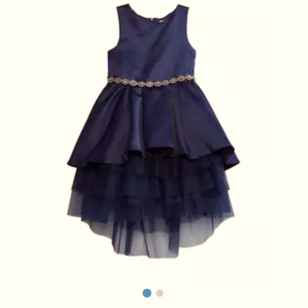 Navy Satin Dress with high low tiered skirt